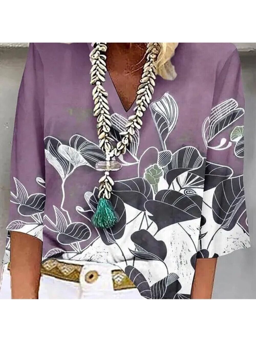 Purple Flower Print 3/4 Sleeves V-Neck Top XL
